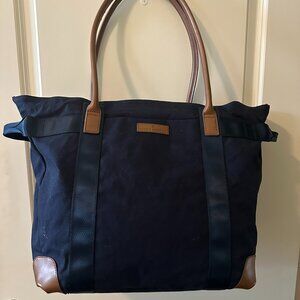 Brooks Brothers Navy Canvas Tote | Brown Leather Handles | Plaid Interior | New